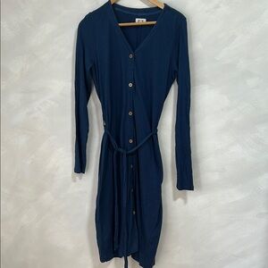 Pact seaside linen blend midi dress long sleeve button up navy size medium